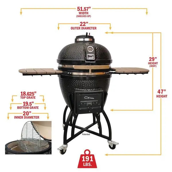 Kamado S-Series 22″ Ceramic Charcoal Grill – Black Kamado with Cart, Side Shelves, Dual Grates, and Ash Drawer