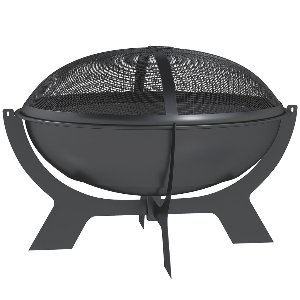 Outsunny Feuerschale Ø54x39cm aus Metall Rund Feuerstelle mit Funkenschutz Schürhaken Feuerkorb für Garten, Balkon Schwarz