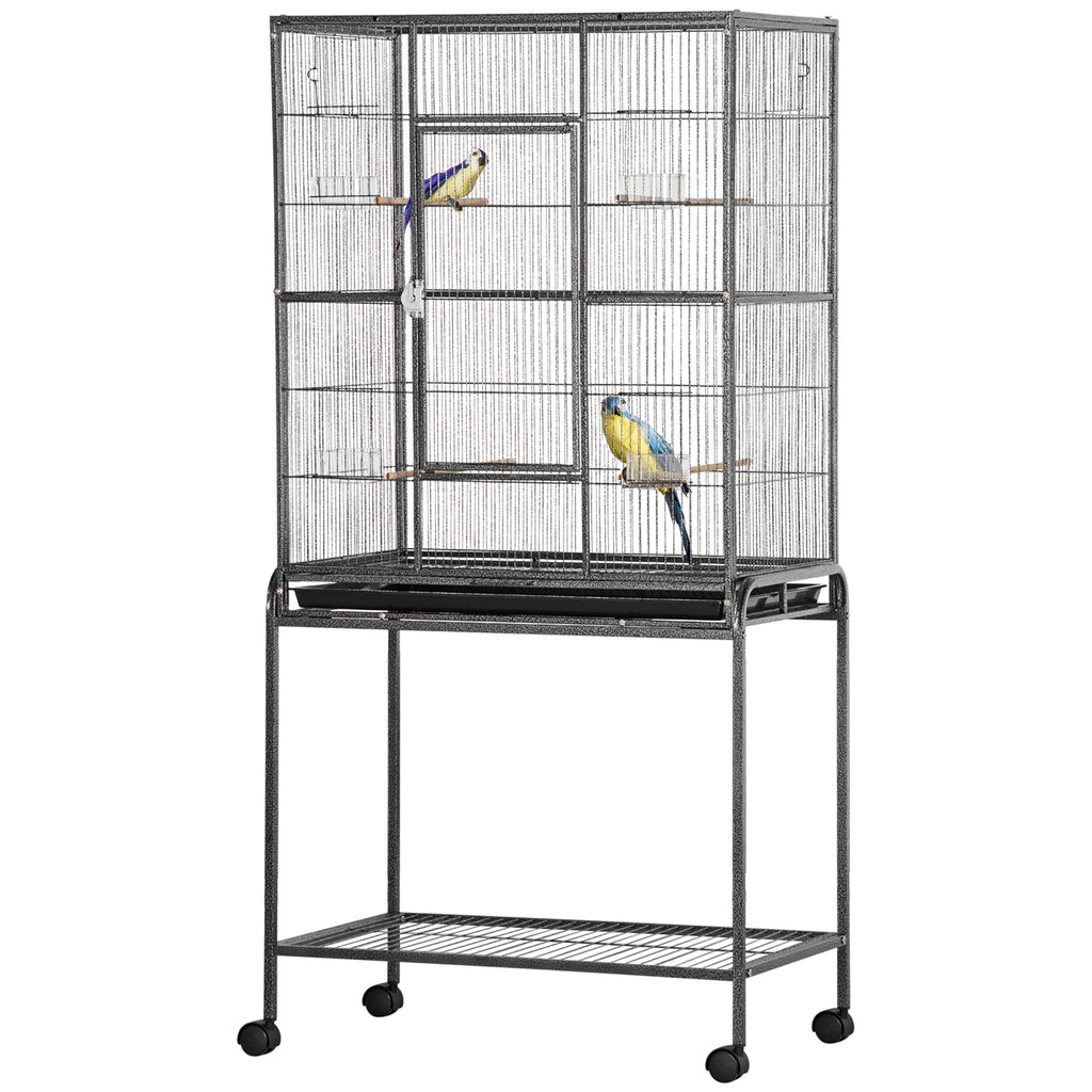 PawHut Vogelkäfig Portable mit 4 Futternäpfen und 4 Holzstangen Praktisch 77 x 47 x 163 cm Schwarz und Grau