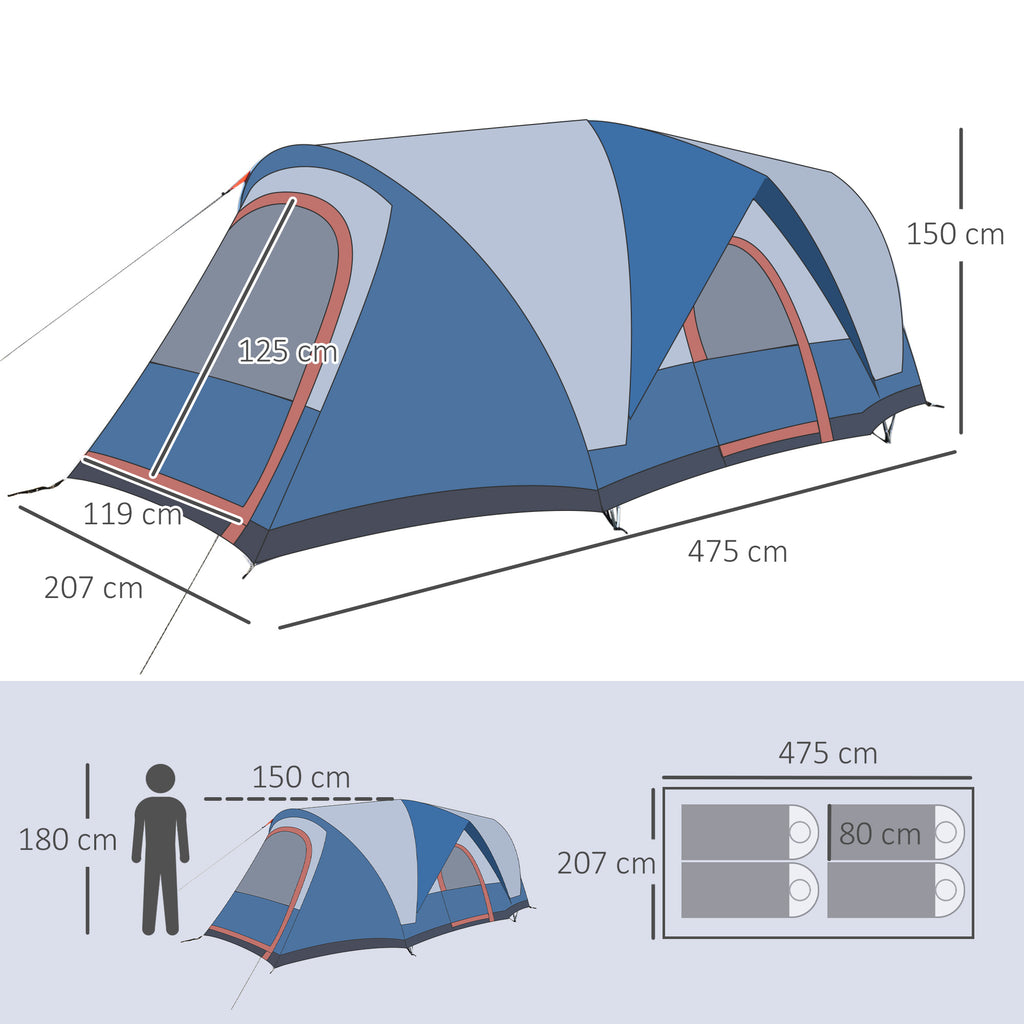 Outsunny Campingzelt für 3-4 Personen, zwei Türen, Netzfenster, blau, 4,75 x 2,64 x 1,50 m