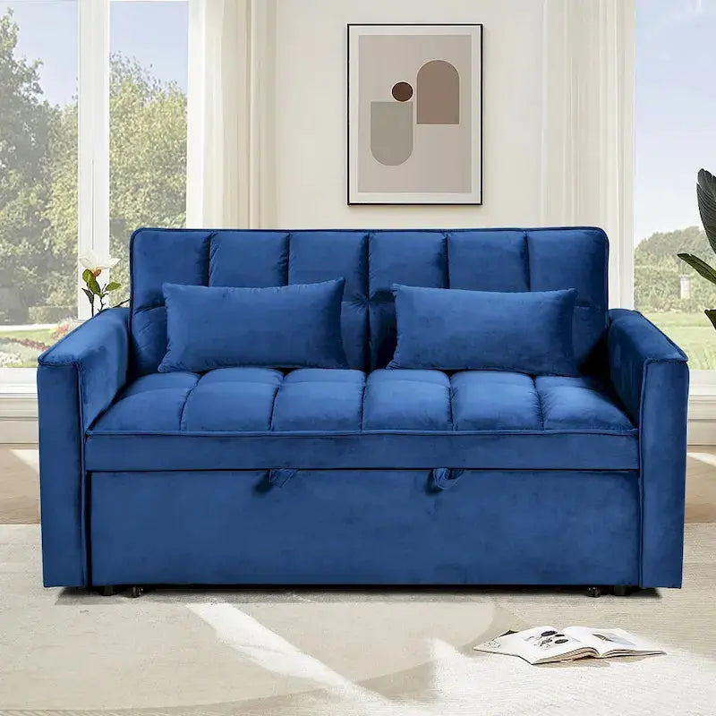 Velvet Futon Loveseat Sofa – Reclining Small-Scale Pullout Bed with Pillows & Pockets
