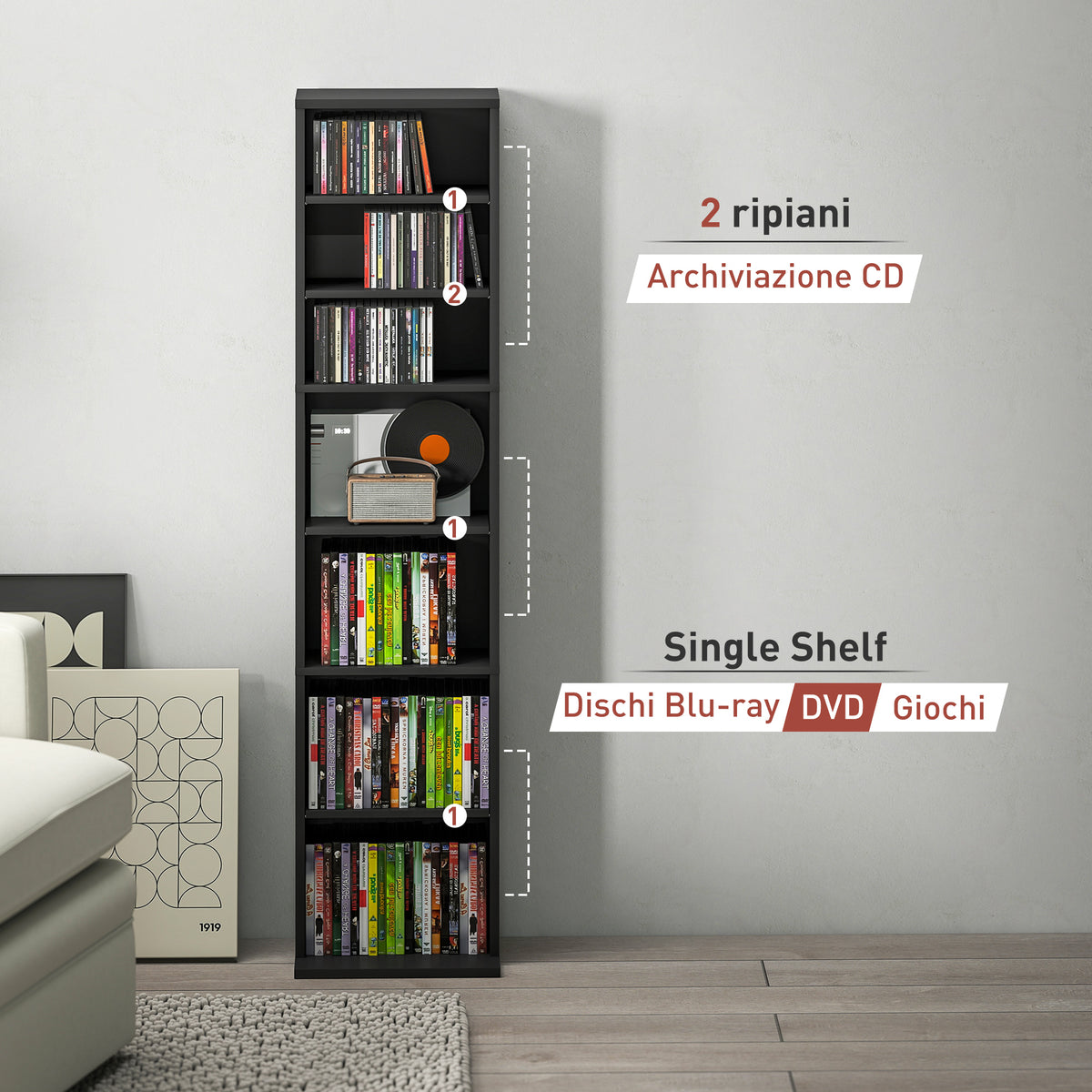 HOMCOM CD-Regal mit 6 verstellbaren Regalen, Kapazität von 260 CD/120 DVDs, 33x24x140 cm, Schwarz