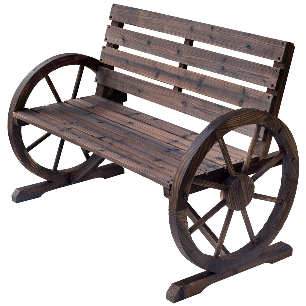 Outsunny Gartenbank 2-Sitzer Sitzbank Holzbank Wagenrad mit Armlehne Landhausstil Tannenholz Braun 105,5 x 59 x 75 cm