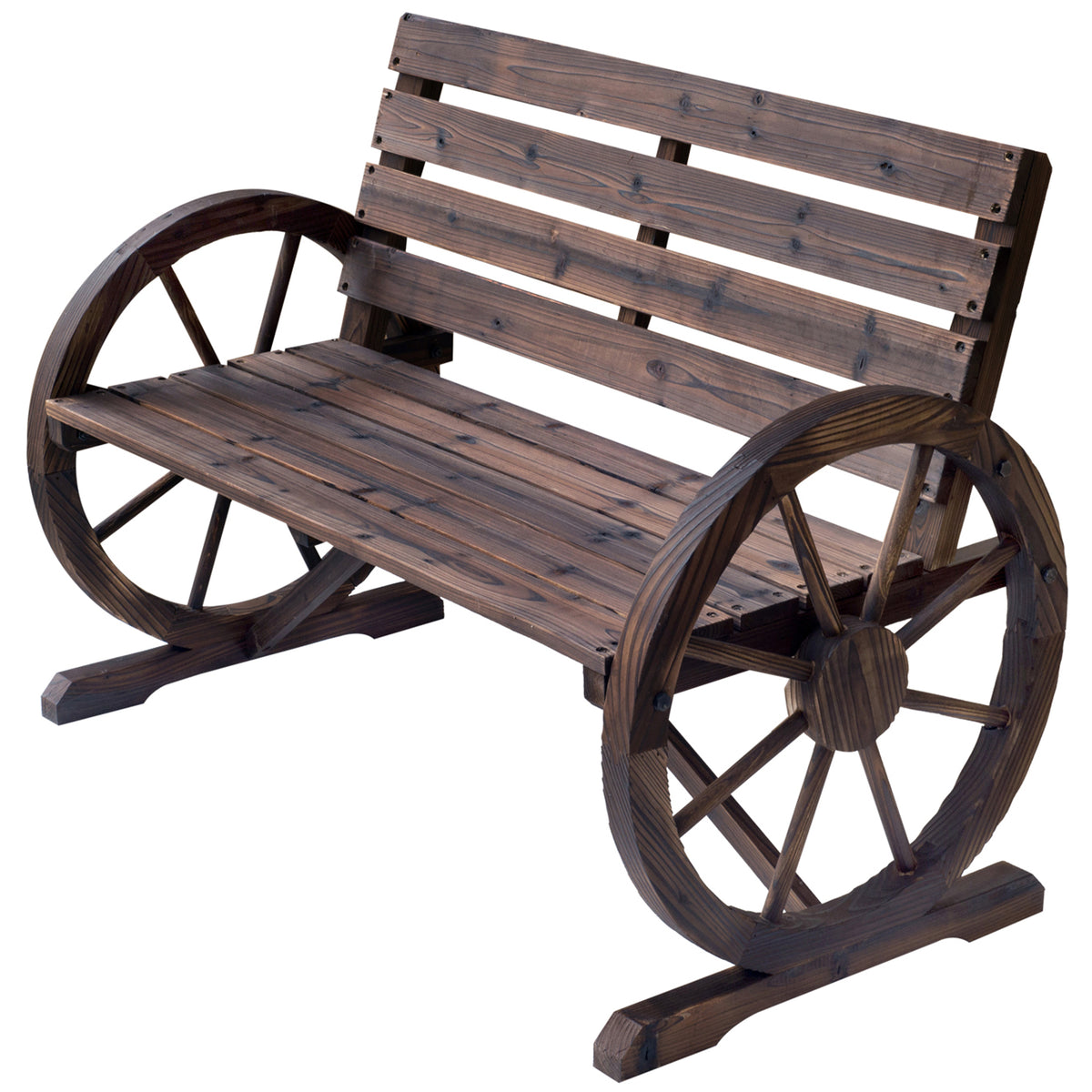 Outsunny Gartenbank 2-Sitzer Sitzbank Holzbank Wagenrad mit Armlehne Landhausstil Tannenholz Braun 105,5 x 59 x 75 cm