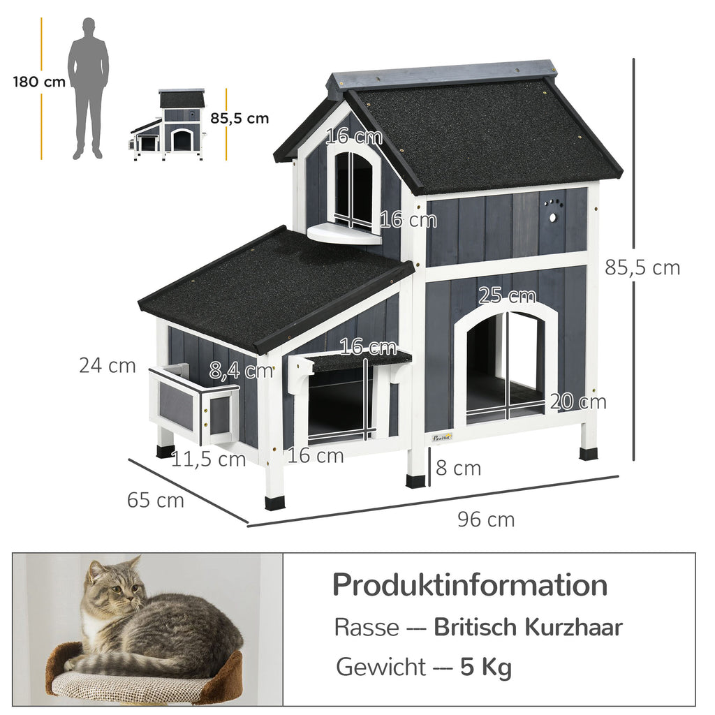 PawHut Outdoor-Katzenhaus, zweistöckig, Bodenabstand, Naturholz, Asphaltdach, grau, 96 x 65 x 85,5 cm