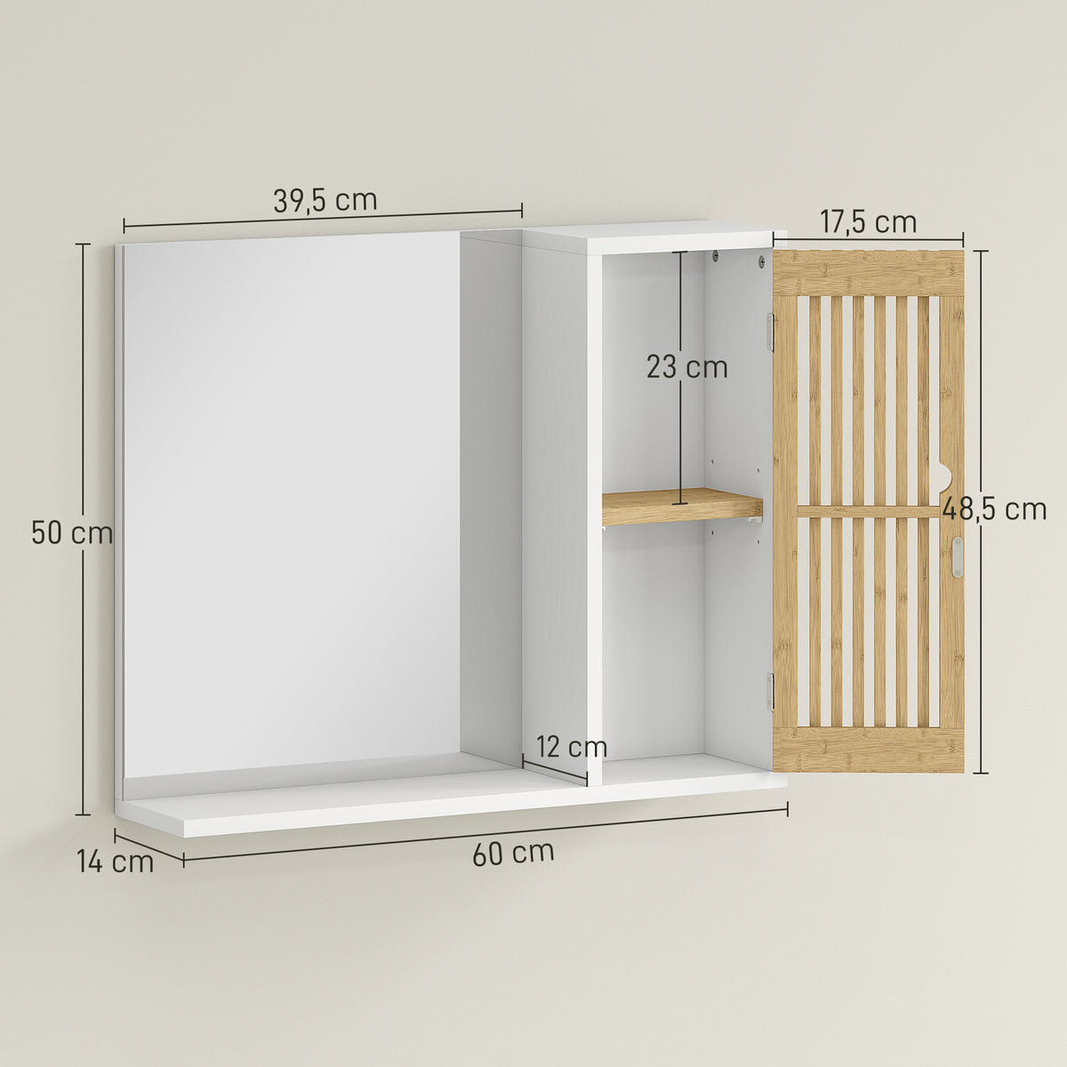HOMCOM Badezimmerschrank mit Spiegel, Regal, Tür mit Bambuslatten und verstellbarem Regal, weiß