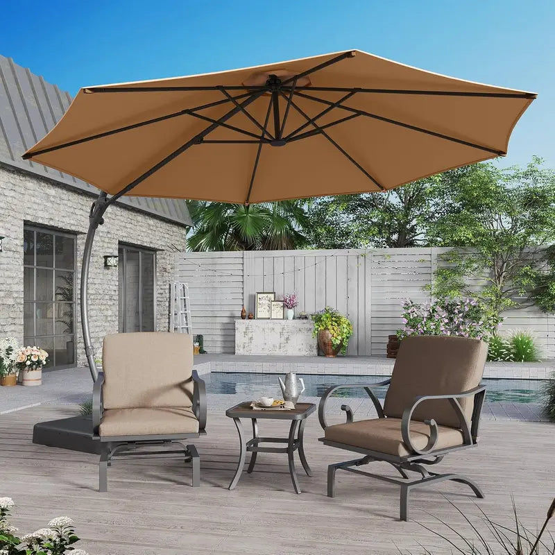 LAUSAINT HOME 11-Foot Cantilever Umbrella — Curvy Offset Design with 360° Rotation, Base Included, Beige Finish