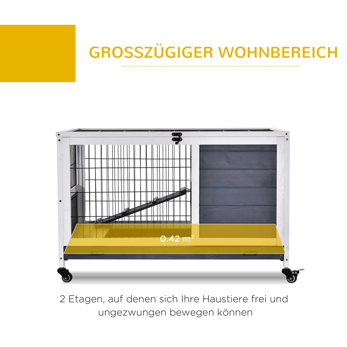 PawHut Kleintierstall mit Rädern Kleintierkäfig Meerschweinchenstall Meerschweinchenkäfig Kleintierhaus Tannenholz Dunkelgrau+Weiß 90 x 53 x 59 cm