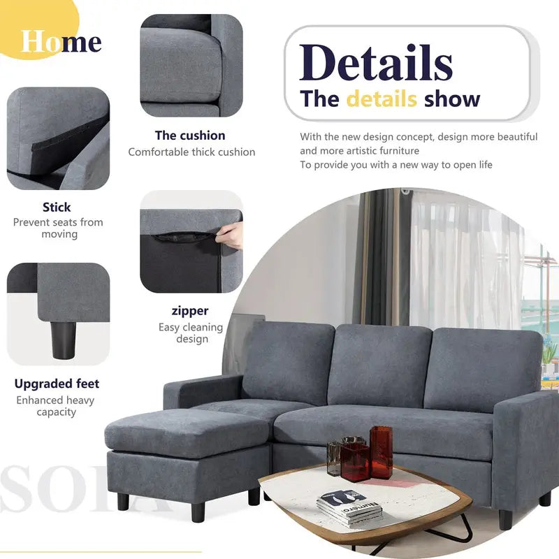Walsunny L-Shaped Convertible Sectional Sofa – Linen Upholstery, Reversible Ottoman, Space-Saving Design