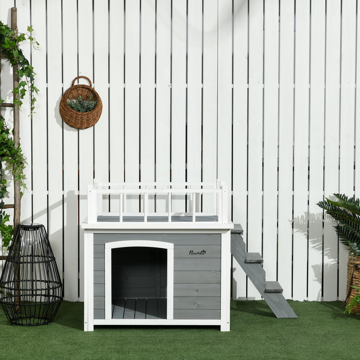 PawHut Hundehütte, Dachterrasse, Treppe, Fenster, Bodenabstand, Naturholz, hellgrau, 121 x 77 x 78cm