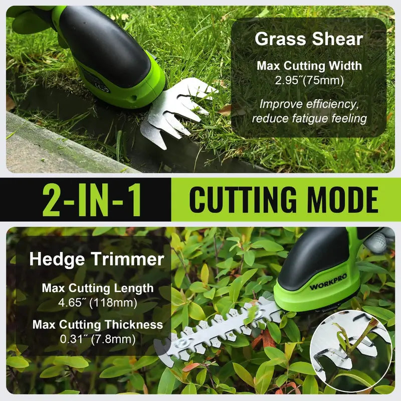 WORKPRO 3.6V Cordless 2-in-1 Hedge & Grass Trimmer – Lightweight Handheld Design