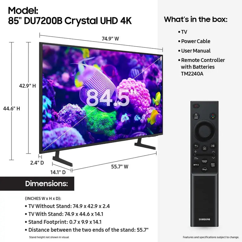 Samsung 85″ DU7200B 4K UHD Smart TV with PurColor, HDR, and Tizen OS
