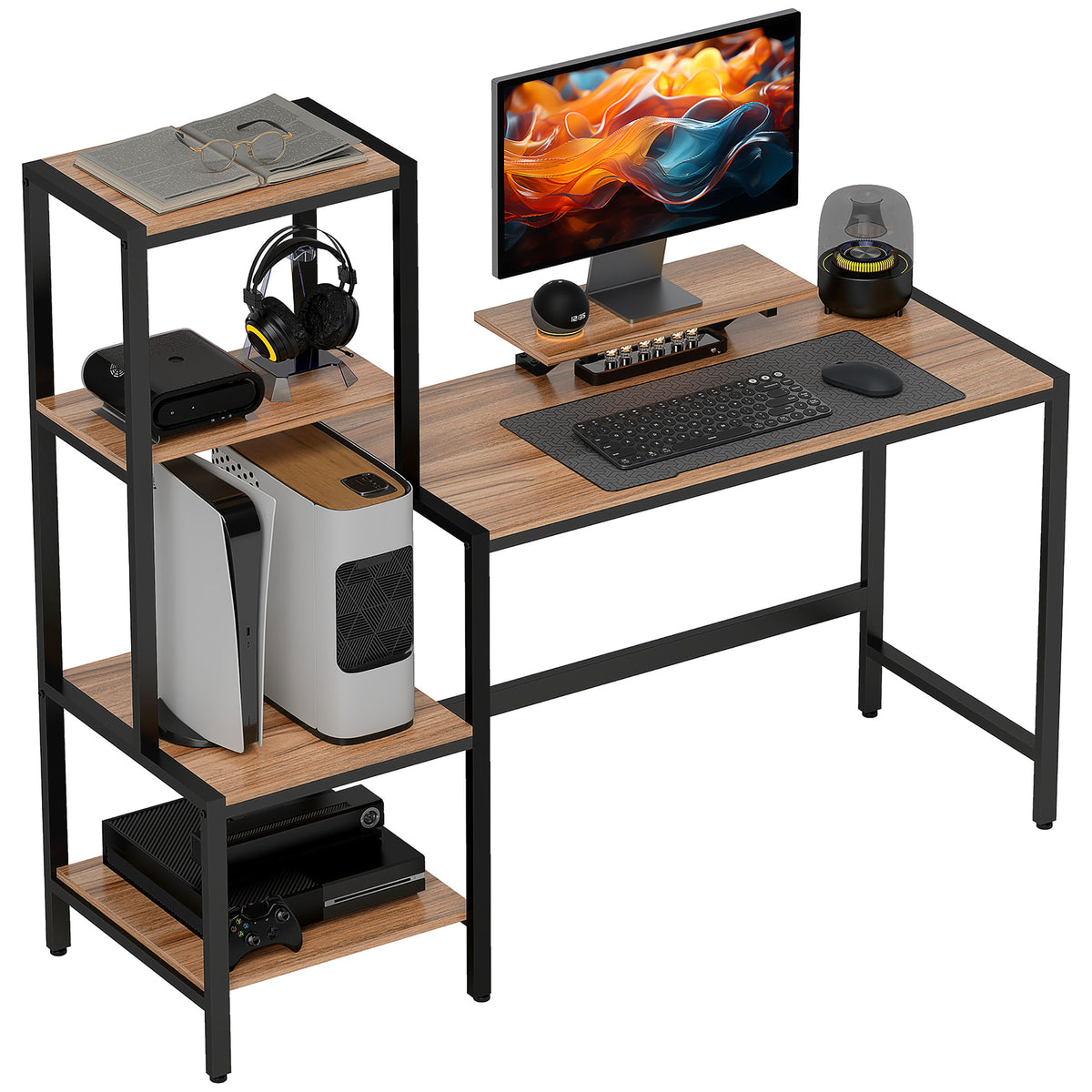 HOMCOM Computertisch mit Monitorständer, Schreibtisch mit 4-stufigem Regal, Industrielles Design, Braun