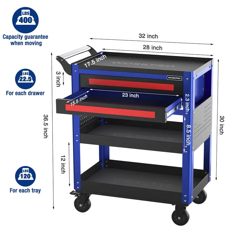 WORKPRO 28-Inch Rolling Tool Cart – Dual-Drawer Industrial Storage with Locking Wheels