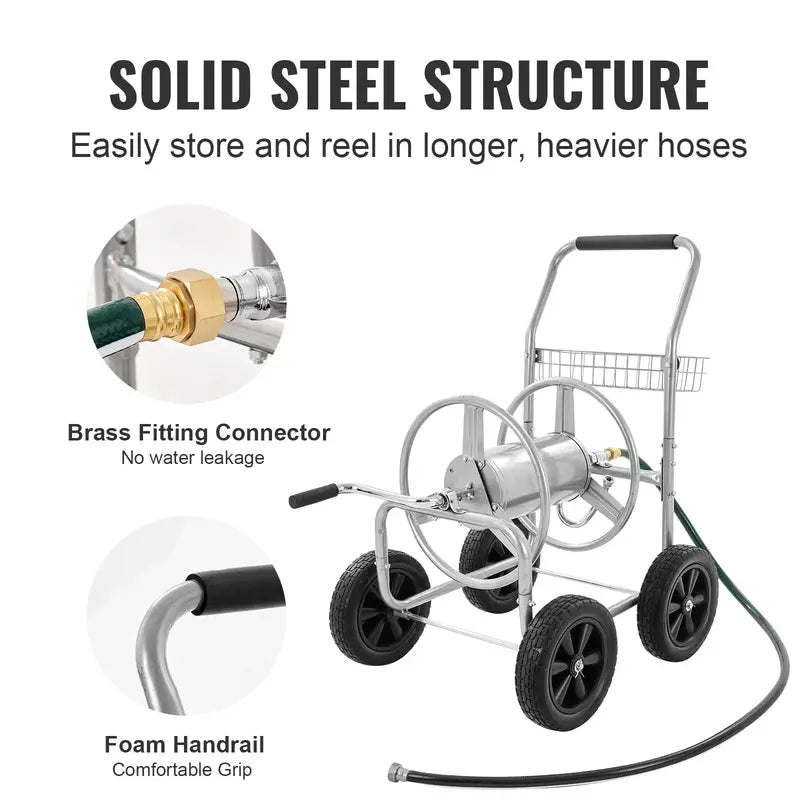 VEVOR Heavy-Duty Mobile Hose Reel Cart – Holds 250 ft of 5/8″ Hose, 4-Wheel Design with Storage Basket