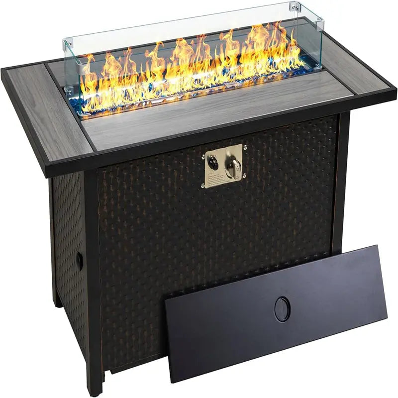 Walsunny 45-Inch Propane Fire Pit Table – 50,000 BTU Rattan Patio Table with Lid, Lava Rock & Wind Guard