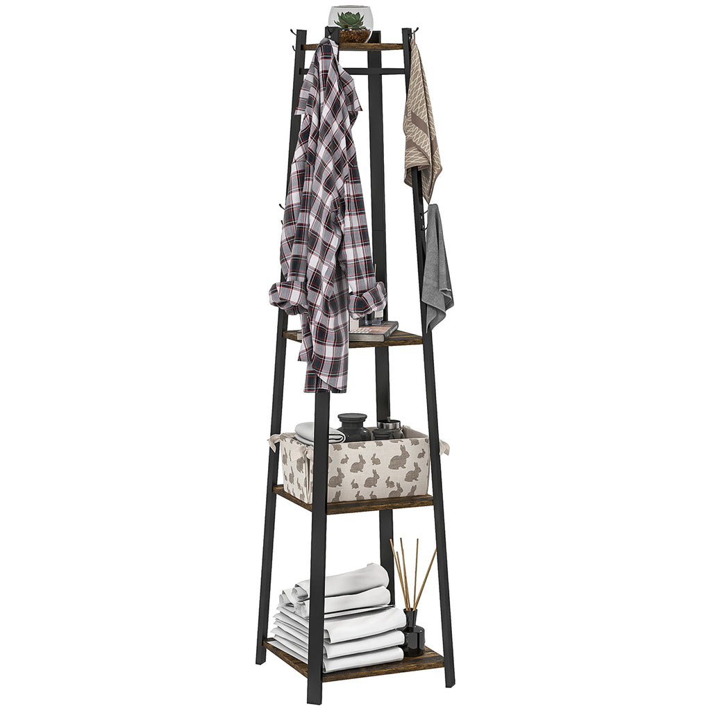 HOMCOM Kleiderständer mit 8 Haken, 3 Regalen und oberer Ablage, 34x34x170 cm, Braun