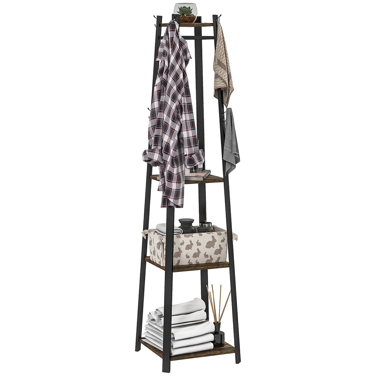 HOMCOM Kleiderständer mit 8 Haken, 3 Regalen und oberer Ablage, 34x34x170 cm, Braun