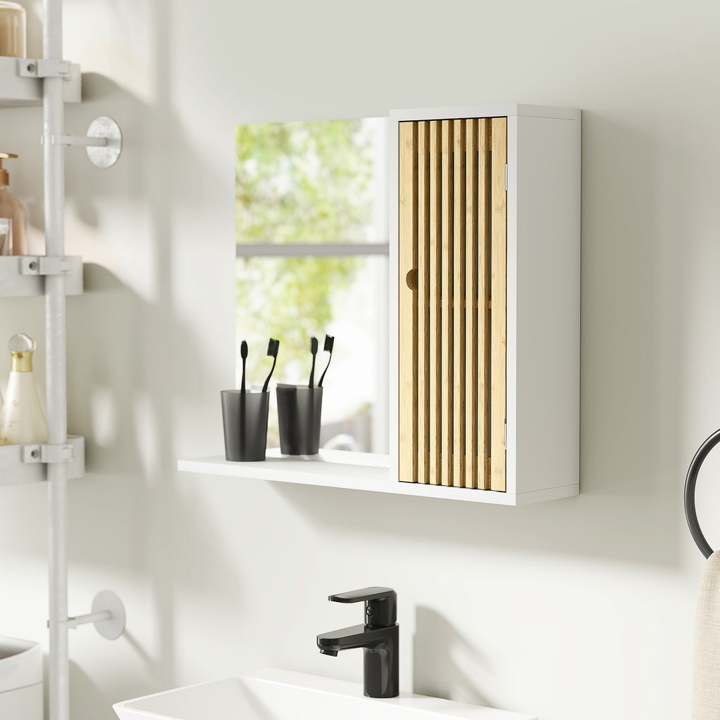 HOMCOM Badezimmerschrank mit Spiegel, Regal, Tür mit Bambuslatten und verstellbarem Regal, weiß