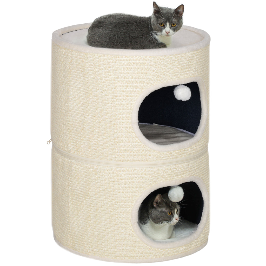 PawHut Modularer Katzenturm Kratzbaum separater Reißverschluss 3 Ebenen Kratzmatte Ø 51 x 69 cm Creme