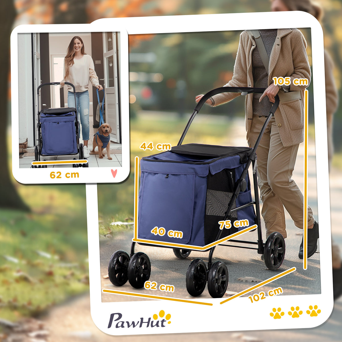 PawHut Hundetrolley bis 20kg klappbar Kissen 3 Seitentaschen 102 cm x 62 cm x 105 cm Blau