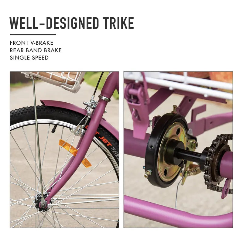 Viribus 26 Inch Single Speed Adult Tricycle,3 Wheel Cruiser Bike with Removable Wheeled Basket, Dustproof Bag, Lights and Bell for Cycling Shopping, Picnic, Hybrid Beach Trike for Men and Women, Purple