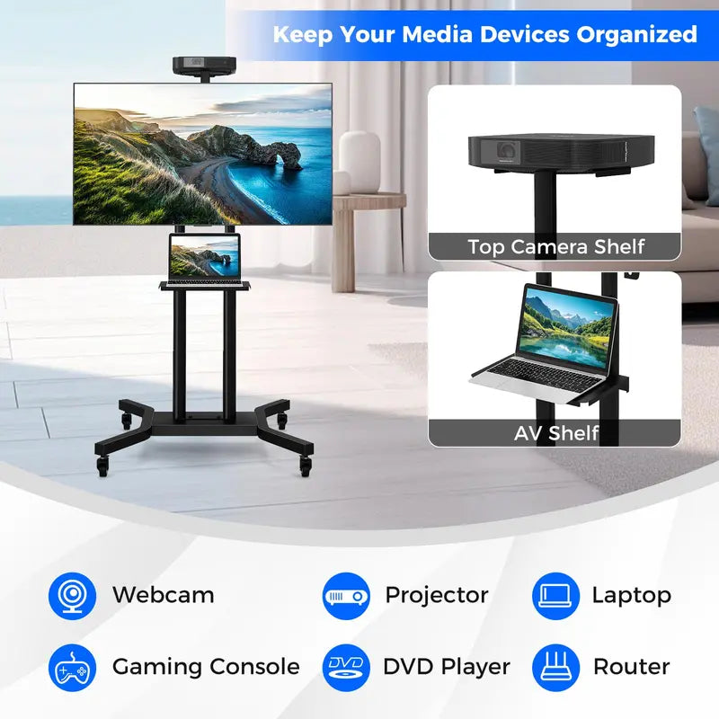 Rolling TV Cart – Lightweight Mobile Stand for 32″–70″ Flat or Curved Screens (Up to 110 lbs), VESA 600×400 mm Support