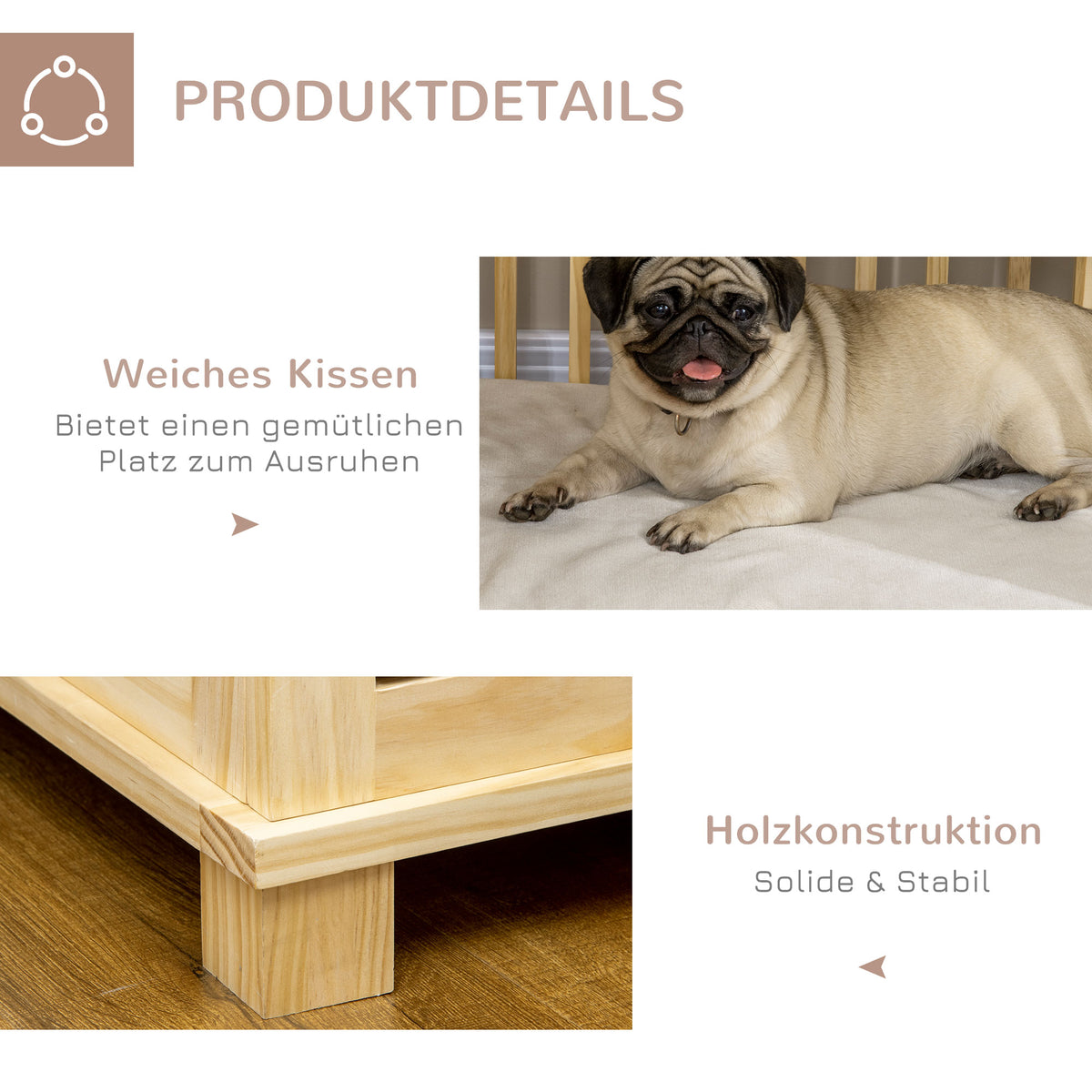 Pawhut Hundekäfig inkl. Verrieglung und Polster, 82,5 cm x 57 cm x 72 cm, Naturholz + Cremeweiß