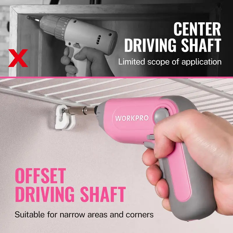 WORKPRO 3.6V Offset-Shaft Cordless Screwdriver – 22-Piece Bit Set in Pink Ribbon Packaging