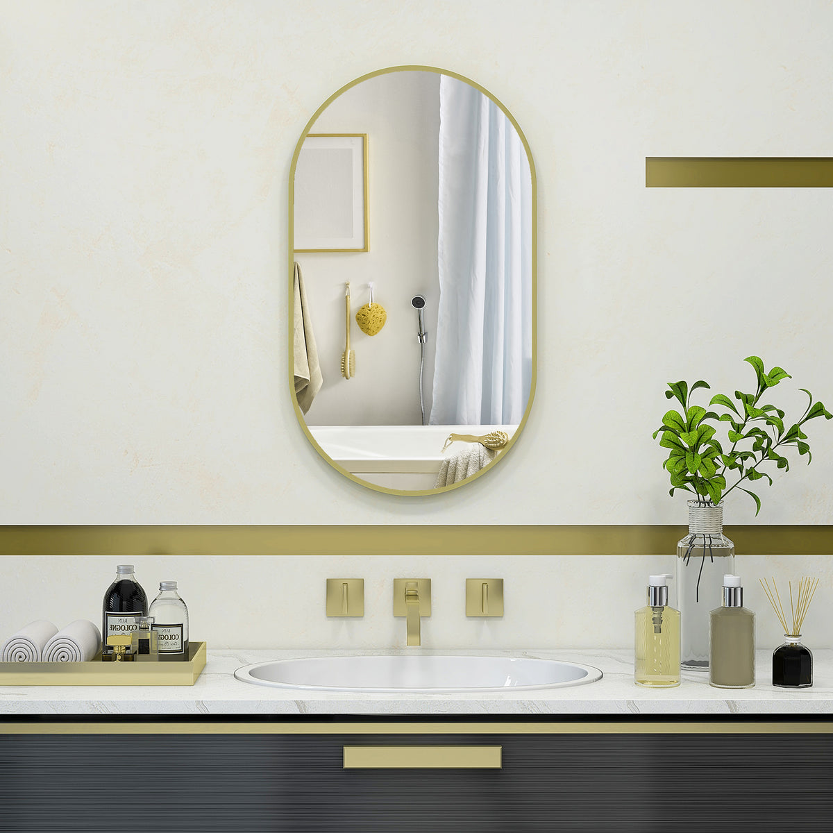 HOMCOM Ovaler Wandspiegel mit Aluminiumrahmen, minimalistischem Design, vertikaler oder horizontaler Montage mit 3 Haken 40 x 70 cm in Gold