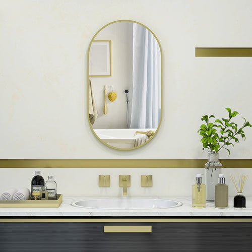 HOMCOM Ovaler Wandspiegel mit Aluminiumrahmen, minimalistischem Design, vertikaler oder horizontaler Montage mit 3 Haken 40 x 70 cm in Gold