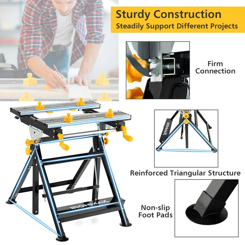Versatile Folding Workbench with Tilting Surface – 7-Height Settings & Sliding Clamps