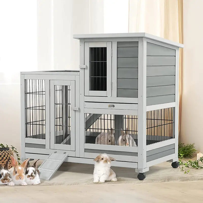 YODOLLA Large Indoor Rabbit Hutch with Wheels, Fir Wood Bunny Cage for Small Animals, Easy Clean Trays & Nesting Box