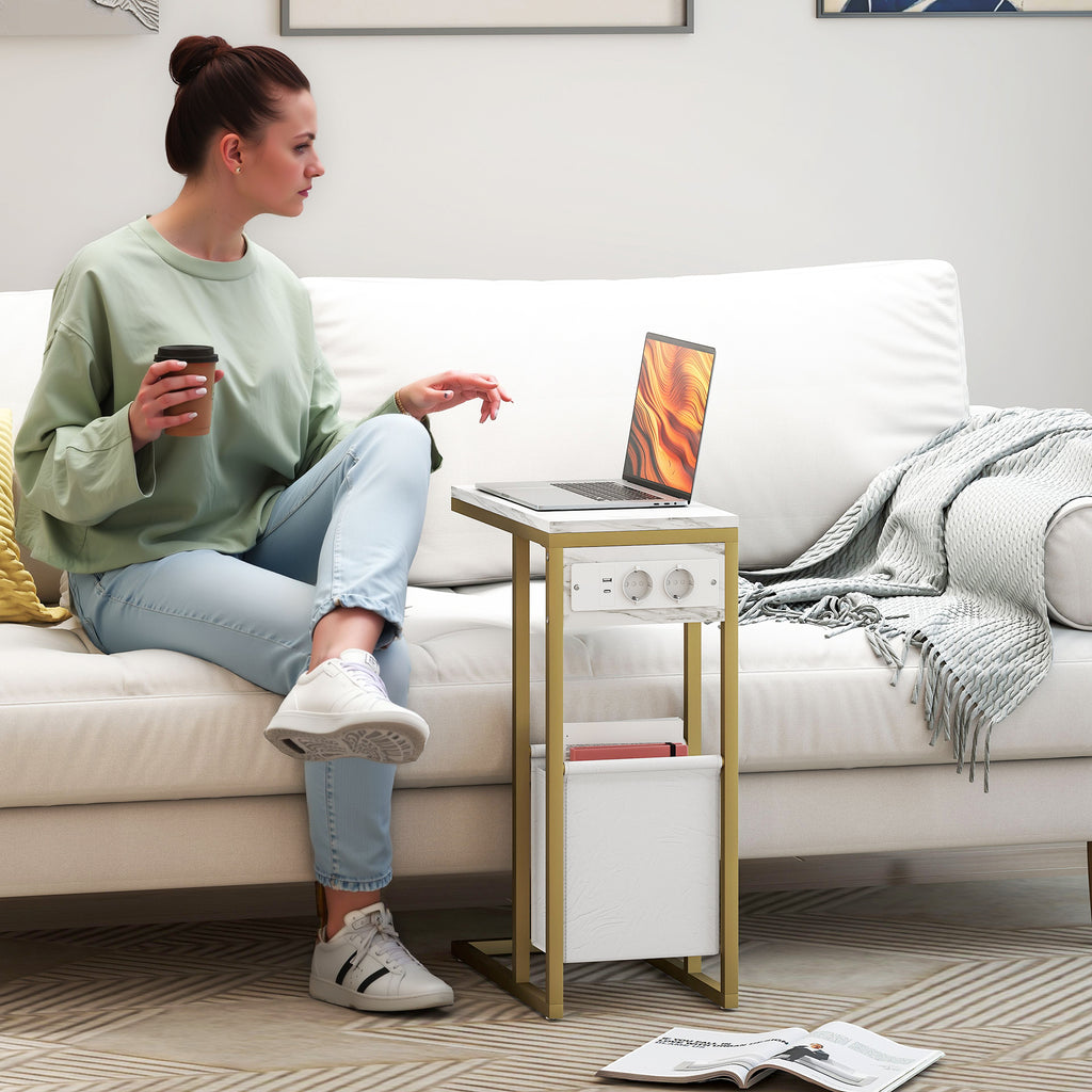 HOMCOM Beistelltisch C-Form mit Ladestation Stoffaufbewahrungssack Marmoroptik-Platte, 46 x 25 x 62,5 cm, weiß