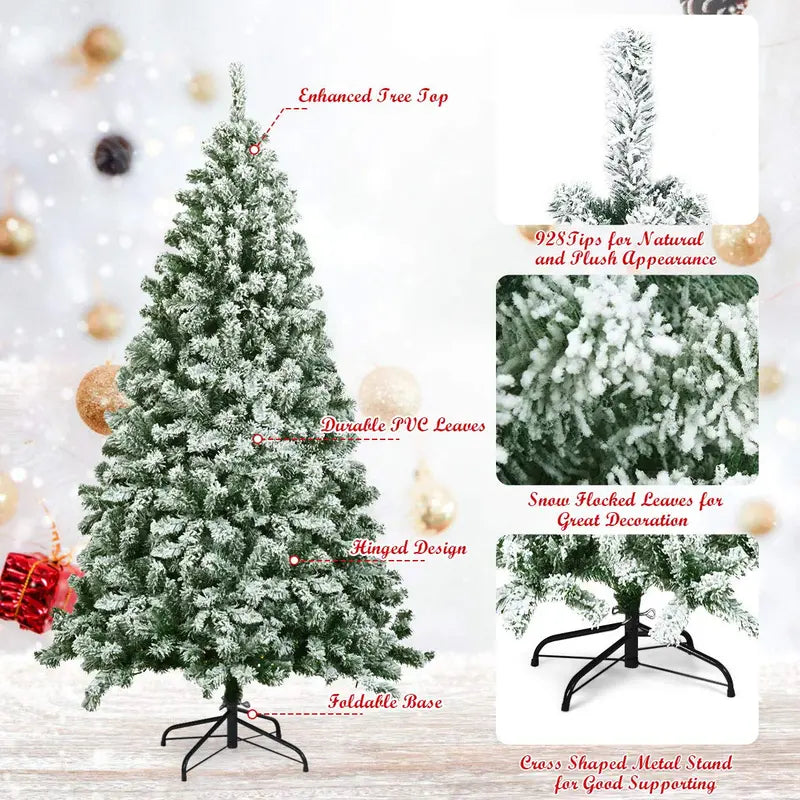 Snow-Flocked Hinged Pine Christmas Tree – Realistic Pre-Lit Artificial Holiday Tree