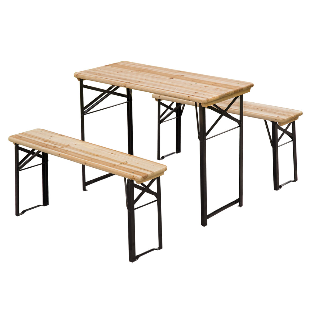 Outsunny Faltbarer Campingtisch mit Picknicktisch + 2 klappbare Bänke aus epoxidbeschichtetem Metall Schwarz Massivholz Fichte