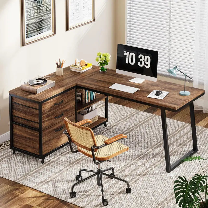 Reversible L-Shaped Industrial Computer Desk – 53-Inch Rustic Brown Home Office Workstation with 3 Drawers and Open Shelving
