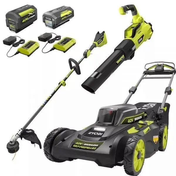 RYOBI 40V Brushless Self-Propelled Lawn Mower Kit – Includes String Trimmer, Leaf Blower, 2 Batteries & 2 Chargers