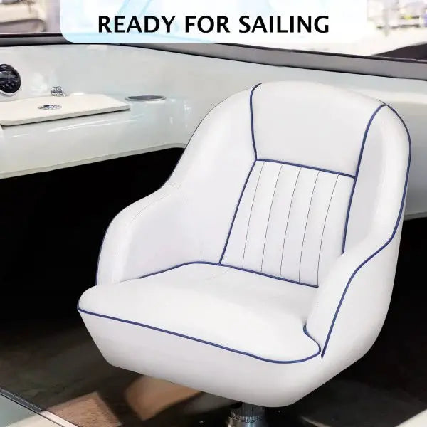White & Blue Pontoon Boat Captain's Seat – Fold-Back Backrest, Cabin-Ready