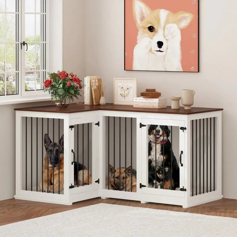 L-Shaped Corner Dog Crate Furniture – Dual-Dog Capacity, 58.7″ x 41.1″, Stylish Enclosed Design