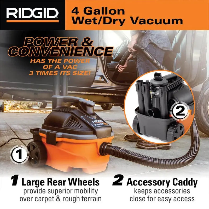 RIDGID 4 Gallon 5.0 Peak HP Portable Wet/Dry Shop Vacuum with Fine Dust Filter, Hose, Accessories and Premium Car Cleaning Kit WD4070C
