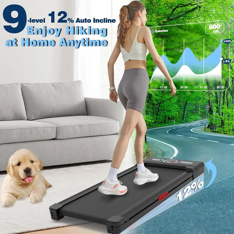 Walking Pad Treadmill – Under-Desk Compact Model with 12% Auto Incline, RGB Display & Bluetooth Speaker