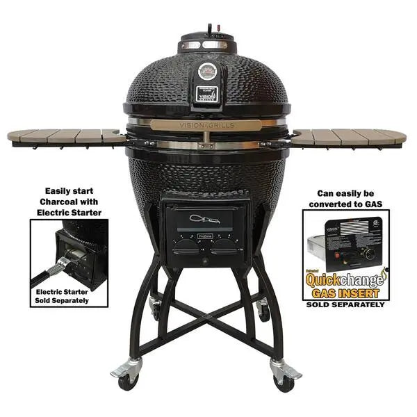 Kamado S-Series 22″ Ceramic Charcoal Grill – Black Kamado with Cart, Side Shelves, Dual Grates, and Ash Drawer