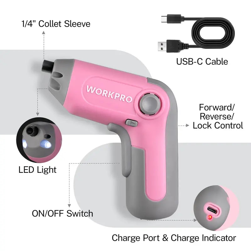 WORKPRO 3.6V Offset-Shaft Cordless Screwdriver – 22-Piece Bit Set in Pink Ribbon Packaging