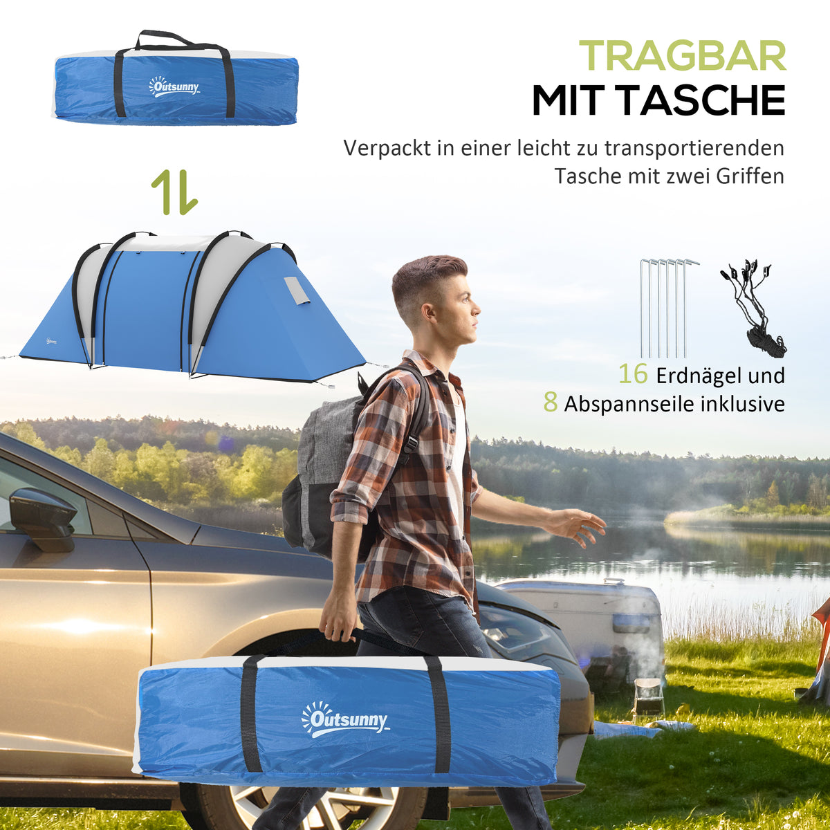 Outsunny Campingzelt für 4-5 Personen leicht wasserabweisend Familienzelt mit 3 Zimmer Seitentür Fenster Blau