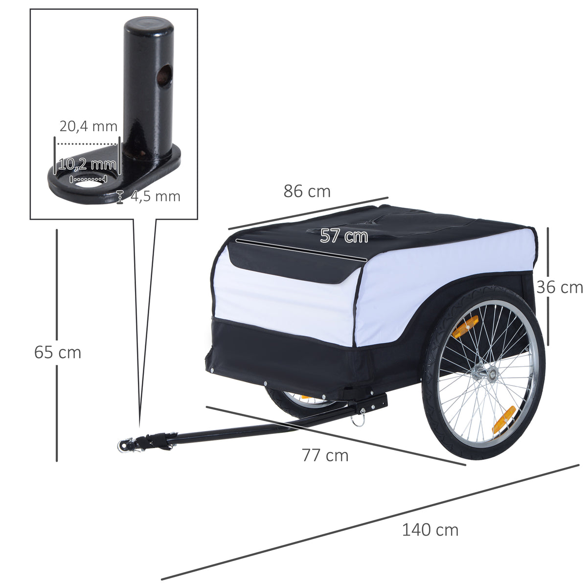 HOMCOM Fahrradanhänger Lastenanhänger Belastbarkeit max. 40 kg Transportanhänger Handwagen Lasten-Fahrradanhänger Weiß+Schwarz Stahl Oxford 140 x 77 x 65 cm