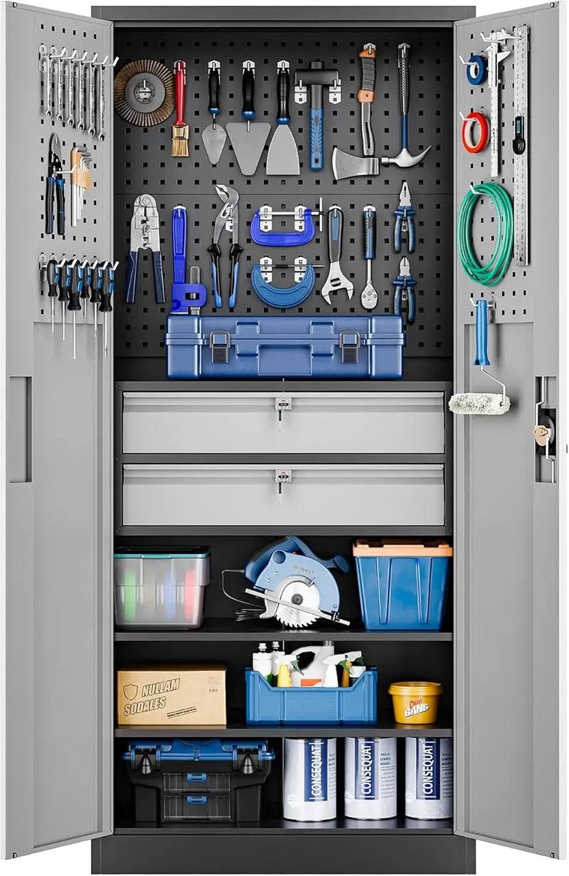 Yizosh Heavy-Gauge Locking Garage Cabinet – 71-Inch Steel Tool Storage with Pegboard, Two Drawers, and Reinforced Doors