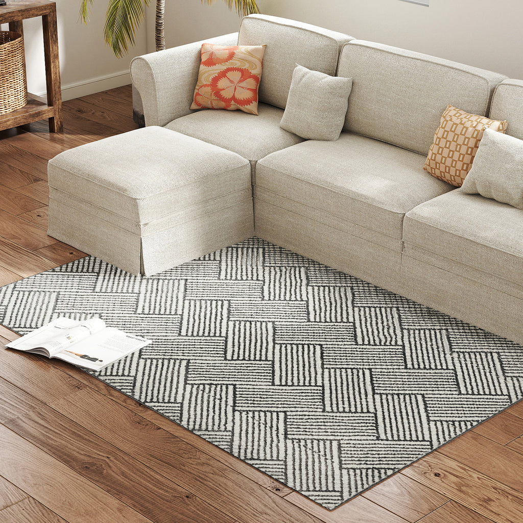 HOMCOM Teppich Wohnzimmer 170 x 120 cm Kurzflor maschinenwaschbar hypoallergen für Wohnzimmer, Schlafzimmer, Büro, hellgrau