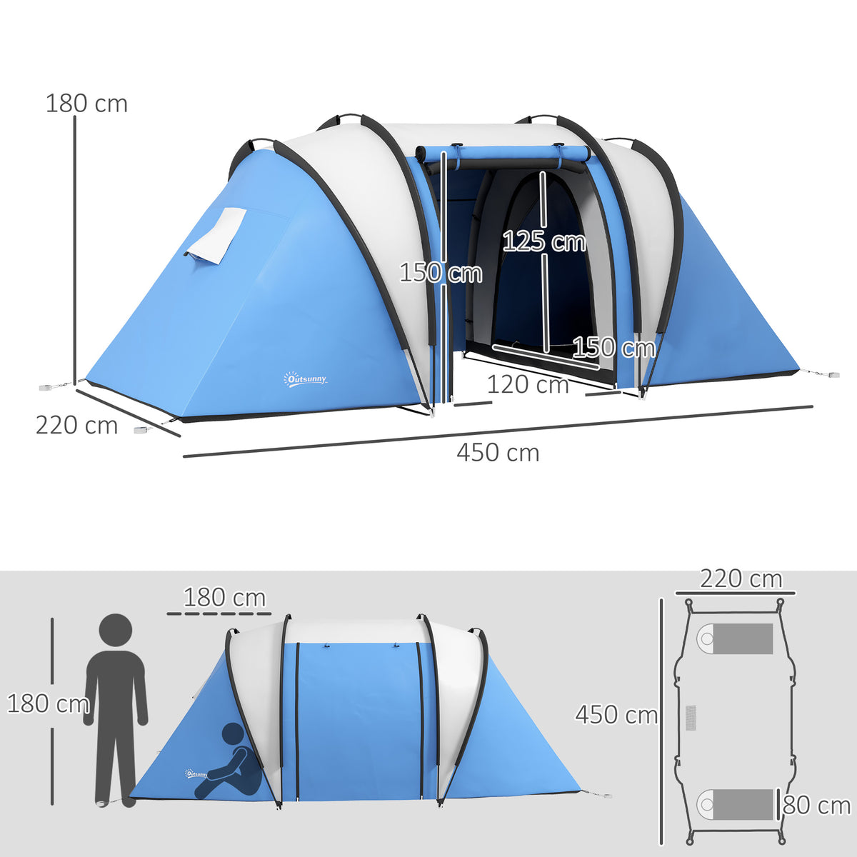 Outsunny Campingzelt für 4-5 Personen leicht wasserabweisend Familienzelt mit 3 Zimmer Seitentür Fenster Blau