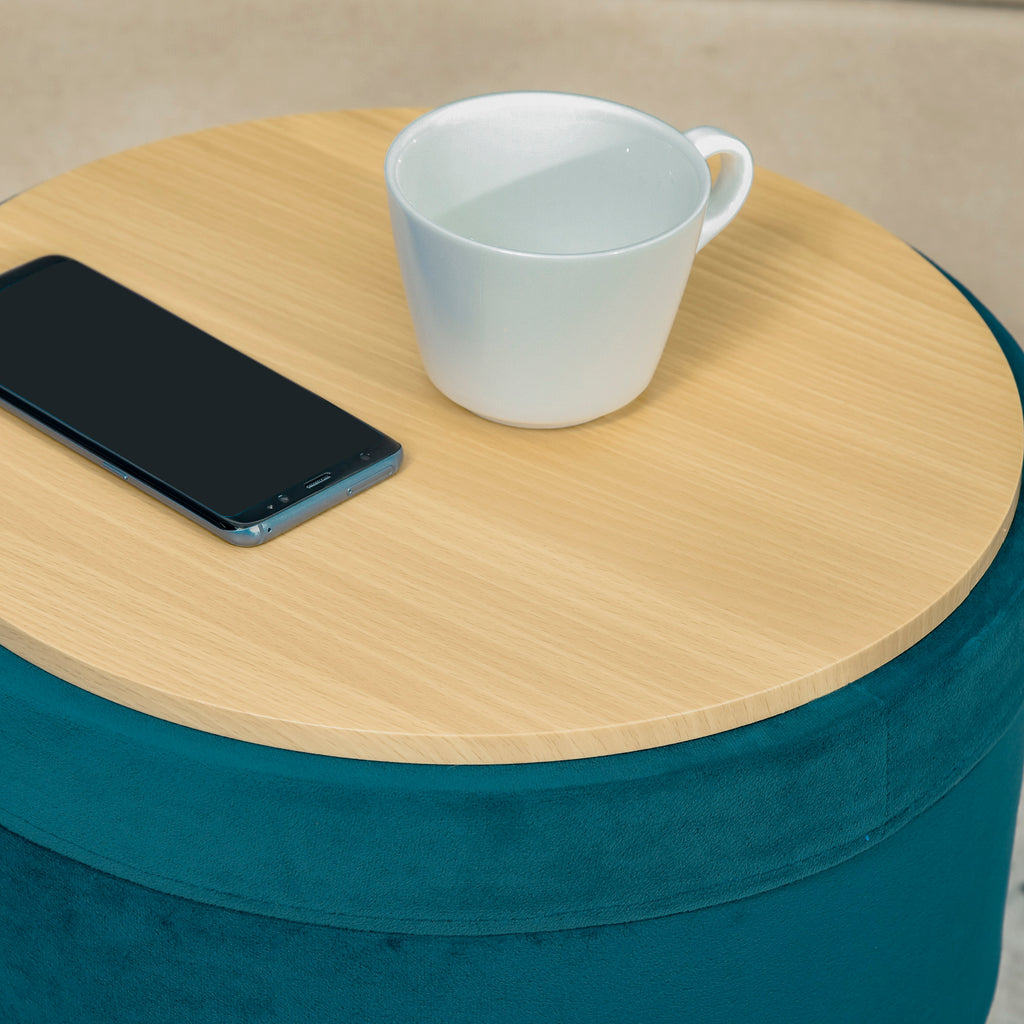 HOMCOM Pouf-Container 2-in-1 mit Hocker- und Tischfunktion, in Holz und Grünem Stoff, Metall mit Goldfinish, 36x36x45cm